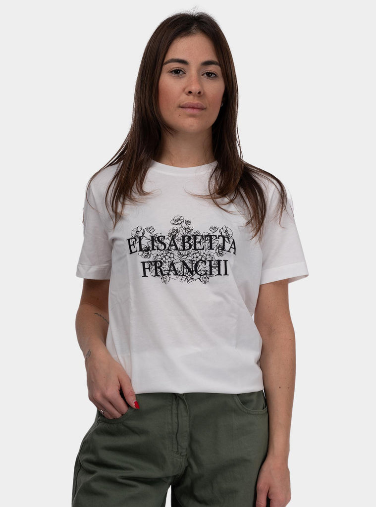 T-shirt in jersey con stampa e ricamo MA00351E2 270GESSO ELISABETTA FRANCHI 