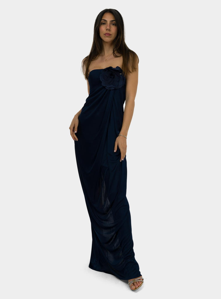 Abito red carpet in jersey lucido con fiore ricamato<BR/> ABR3752E2V600 DC8OLTREMARE ELISABETTA FRANCHI 
