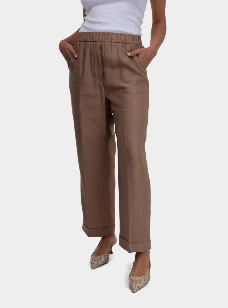 Pantaloni donna in gabardina lucida di viscosa e lino Cappuccino P04036 01921 048 PESERICO 