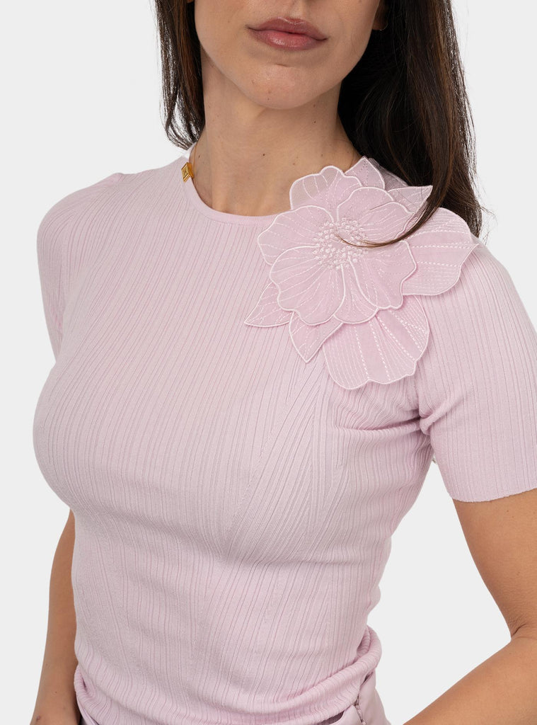 Maglia a costine con fiore Rosa MK55B51E2 544 QUARZO ELISABETTA FRANCHI 
