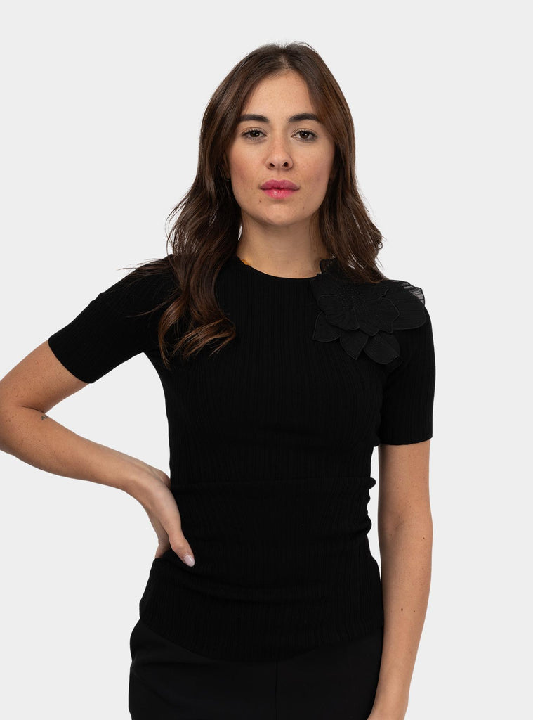 Maglia a costine con fiore Nero MK55B51E2 110 NERO ELISABETTA FRANCHI 