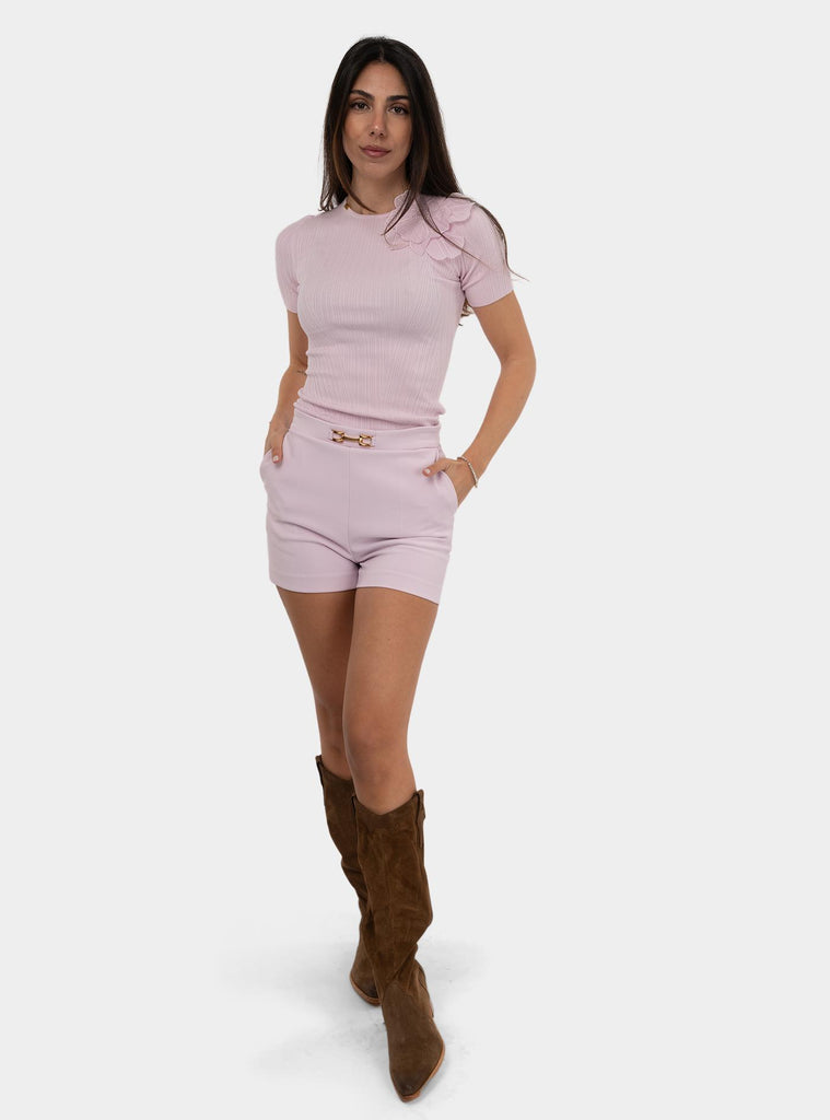 Maglia a costine con fiore Rosa MK55B51E2 544 QUARZO ELISABETTA FRANCHI 