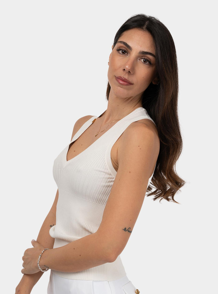 Top a coste con scollo a v Bianco TK35T51E2 360 AVORIO ELISABETTA FRANCHI 