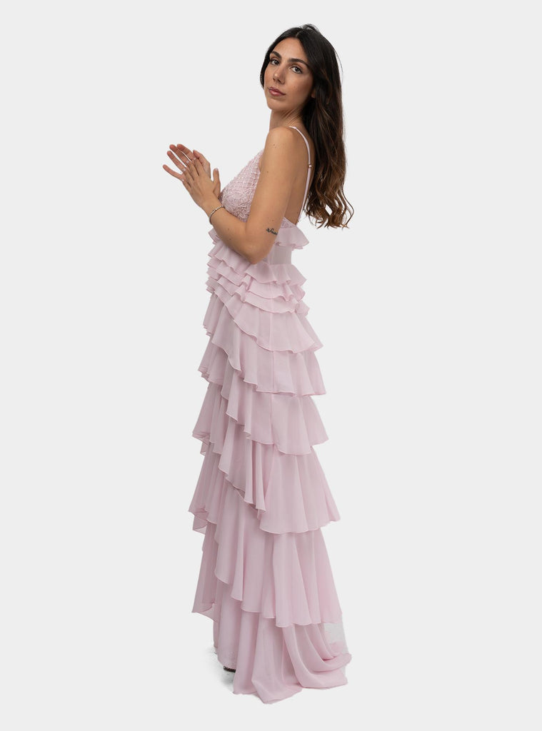 Abito red carpet in georgette con balze Rosa ABR4252E2 544QUARZO ELISABETTA FRANCHI 