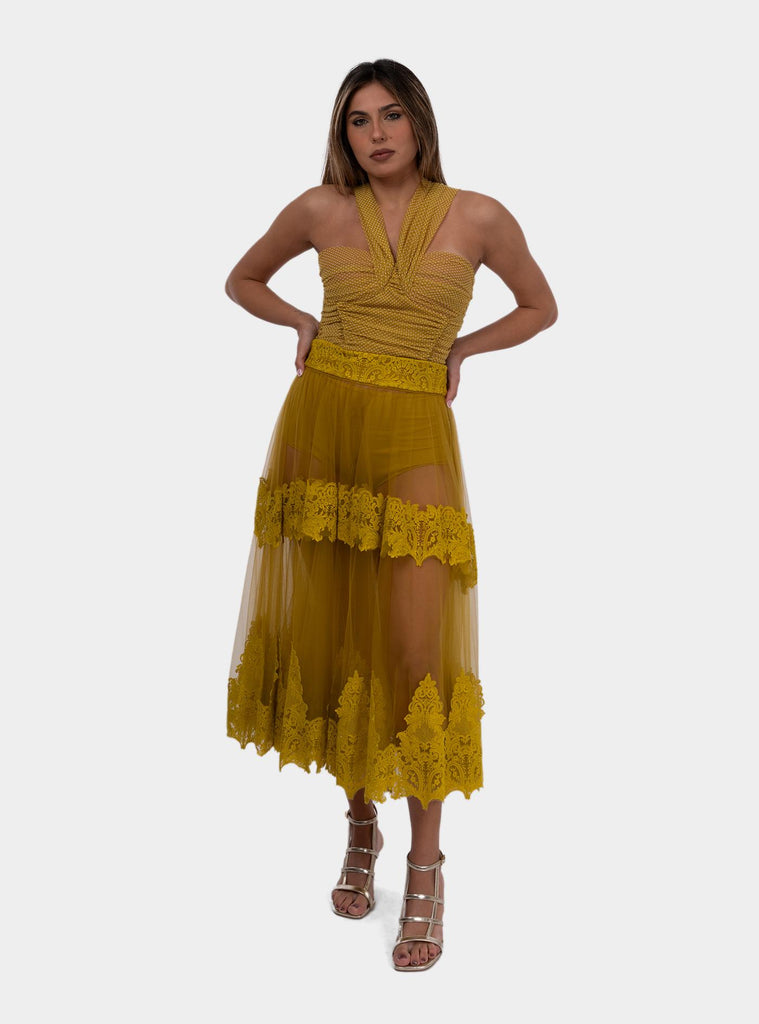 Gonna donna in tulle con decorazioni in pizzo Curry<BR/> GO04252E2 DC6CURRY ELISABETTA FRANCHI 