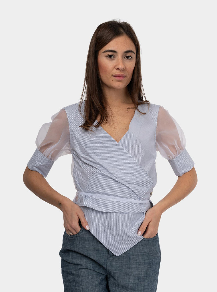 Blusa a righe con lacci Celeste 511SD45034 519006-01 ALESSIA SANTI 