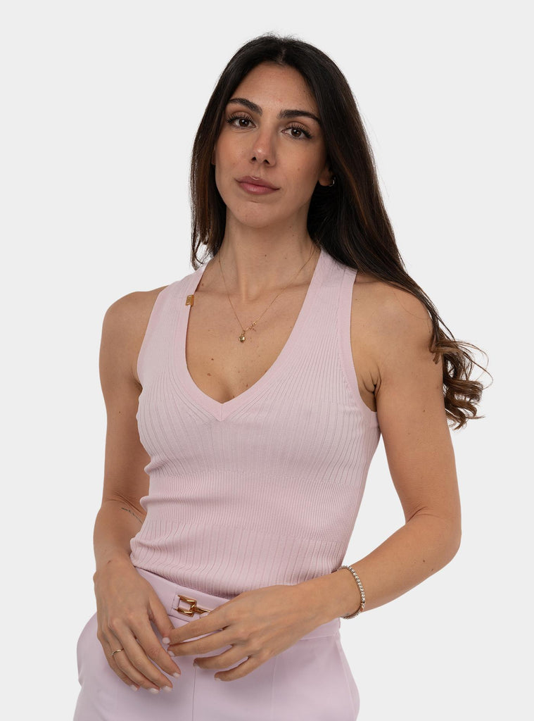 Top a coste con scollo a v Rosa TK35T51E2 544 QUARZO ELISABETTA FRANCHI 