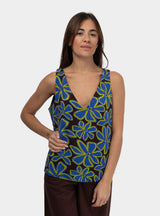 Top fluido scollo V in misto viscosa Marrone