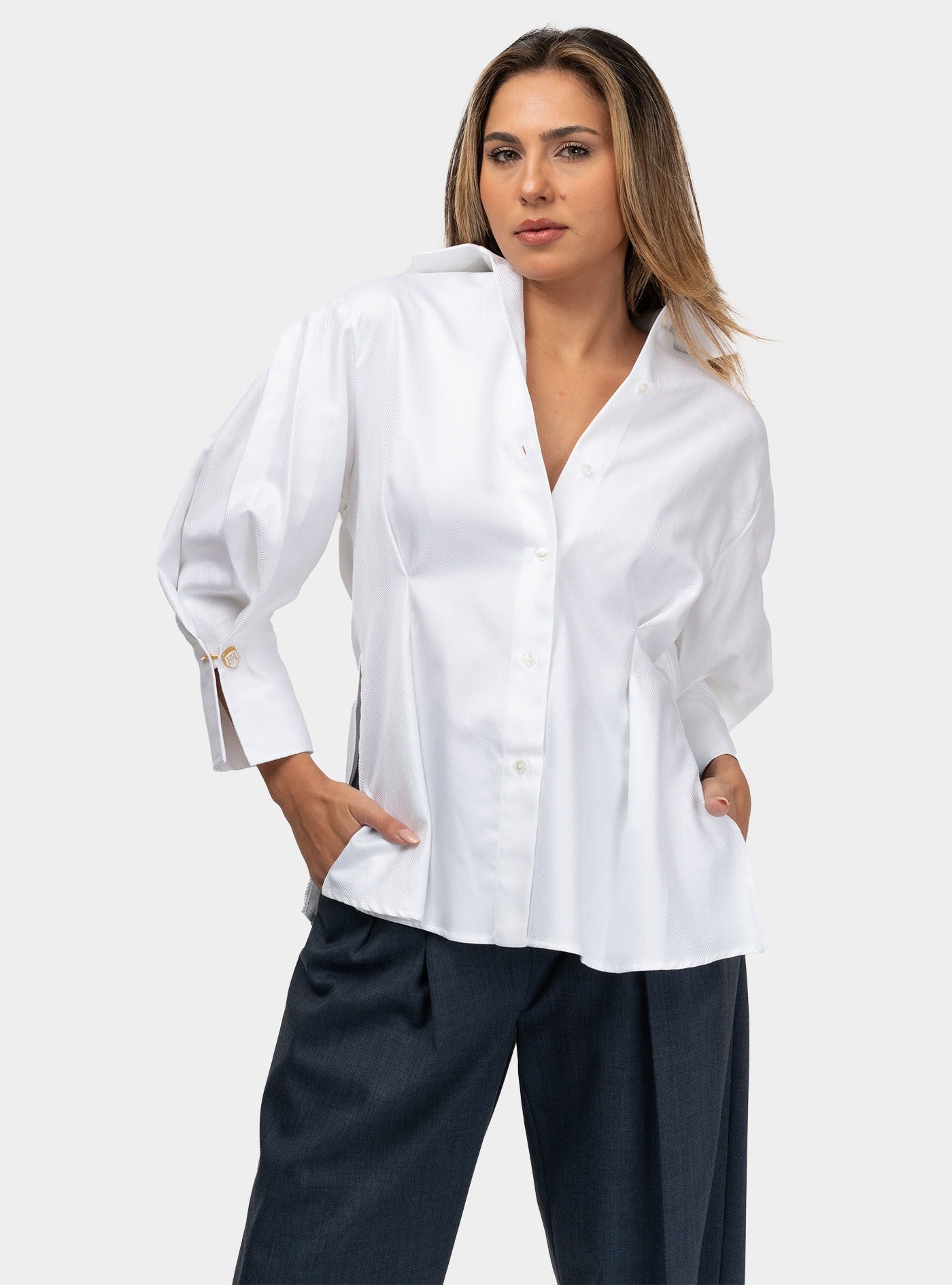 Camicia in popeline chevron con pinces Bianco - Main Image