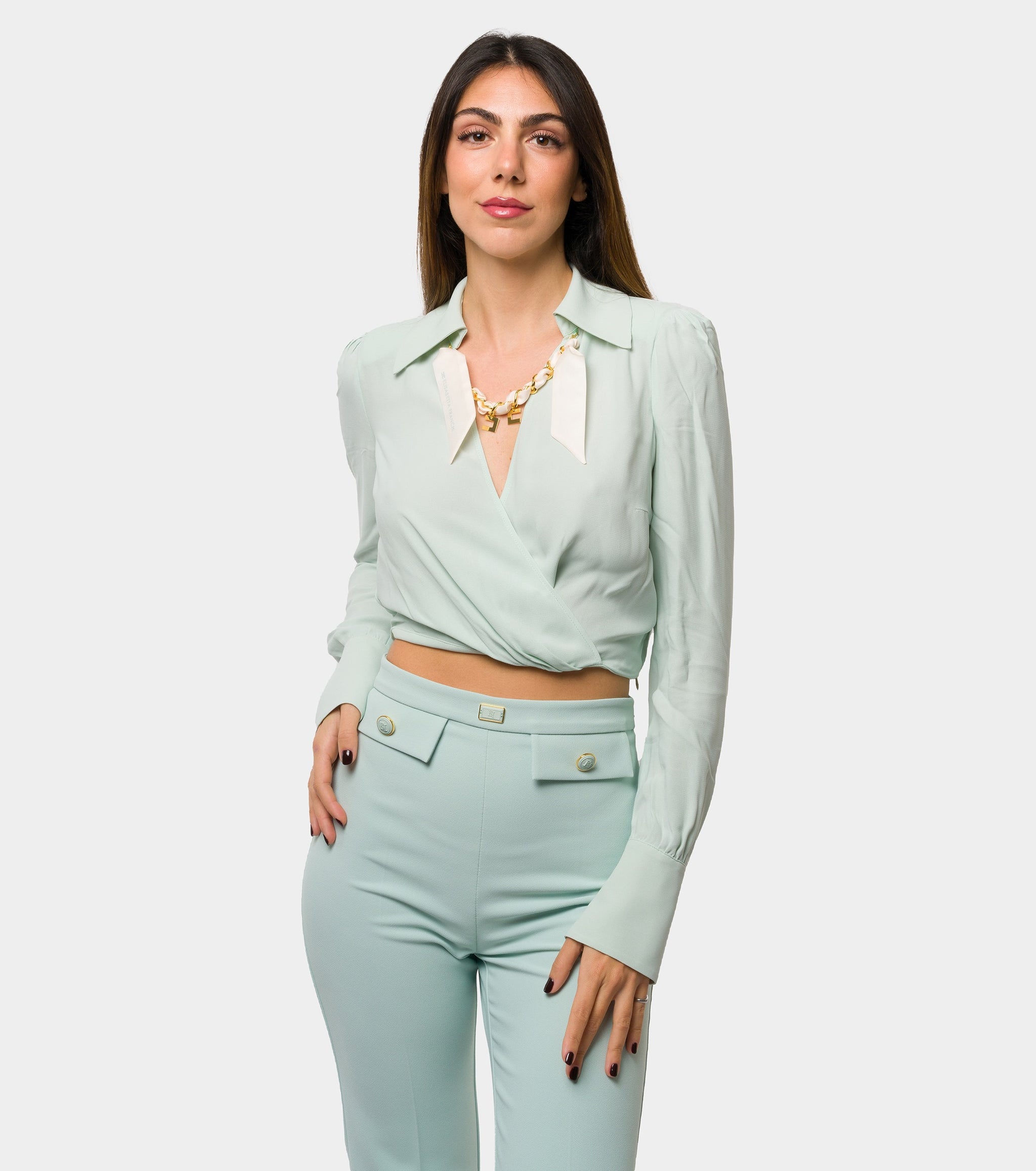 ELISABETTA FRANCHI Camicia cropped in georgette di viscosa acqua